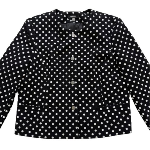 Nine West Blazer Jacket White Polka Dot Snap Front Crew Neck Blazer Size 14 - Picture 9 of 11